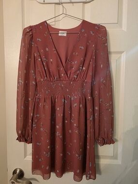 Wilfred Rose Rust Floral V‑Neck Smocked Waist Long Sleeve Dress